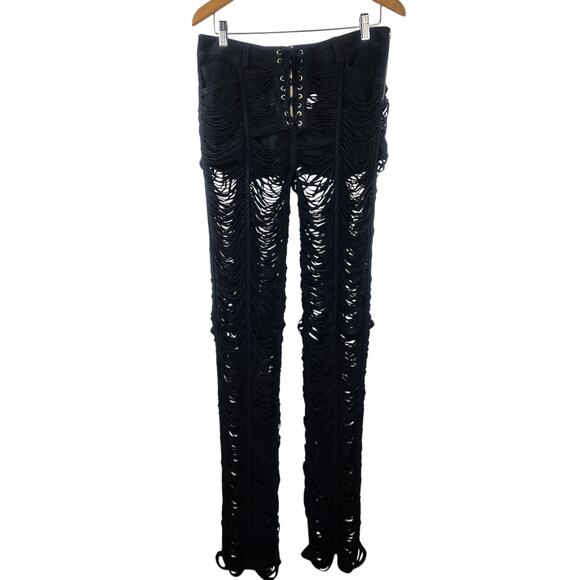 Retrofete Suede Pants Black Size Medium Pockets Sheer Fringe - Picture 1 of 9